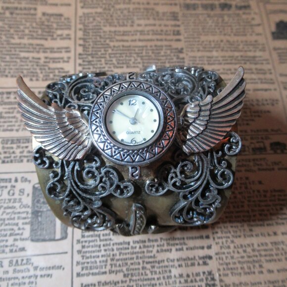 Steampunk Large Wrist Cuff Watch Face Wings Ornate Filigree Chunky Bracelet - Picture 3 of 15